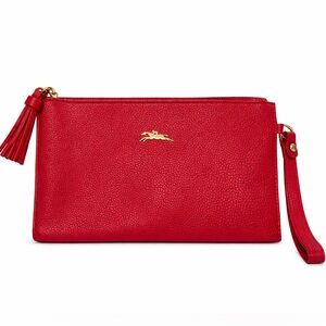 Longchamp Red Pebbled Leather Wristlet Clutch Zip Pouch Gold Logo Authentic
